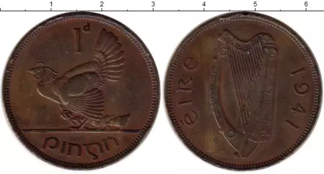 Монета пенни Ирландии 1941 года Бронза Курица