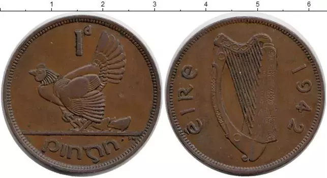 Монета пенни Ирландии 1942 года Бронза Курица