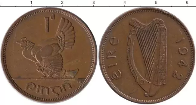 Монета пенни Ирландии 1942 года Бронза Курица