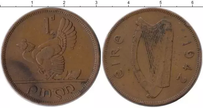 Монета пенни Ирландии 1942 года Бронза Курица