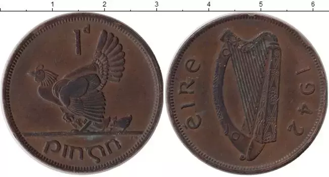 Монета пенни Ирландии 1942 года Бронза Курица
