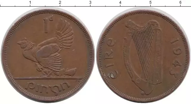 Монета пенни Ирландии 1943 года Бронза Курица с цыплятами