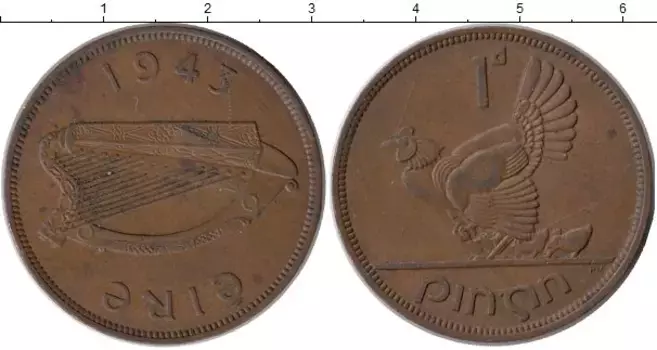 Монета пенни Ирландии 1943 года Бронза Курица с цыплятами