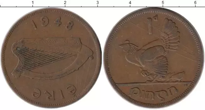 Монета пенни Ирландии 1948 года Бронза Курица с цыплятами