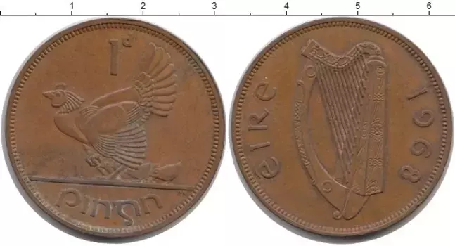 Монета пенни Ирландии 1968 года Бронза Курица с цыплятами