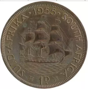 Монета пенни Южно Африканской Республики 1955 года Бронза Елизавета II