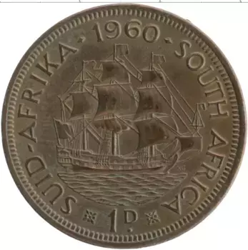 Монета пенни Южно Африканской Республики 1960 года Бронза Елизавета II