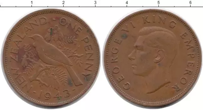 Монета пенни Новой Зеландии 1943 года Медь Птица, Георг VI