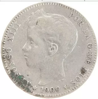 Монета песета Испании 1900 года Серебро Альфонсо XIII