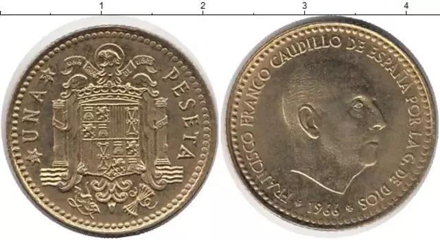 Монета песета Испании 1966 года Латунь Франко