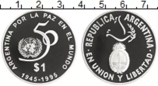 Монета песо Аргентины 1995 года Серебро 50 лет ООН
