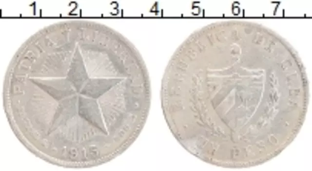 Монета песо Кубы 1915 года Серебро