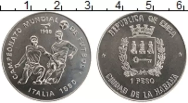 Монета песо Кубы 1988 года Медно-никель Чемпионат Мира по футболу в Италии 1990