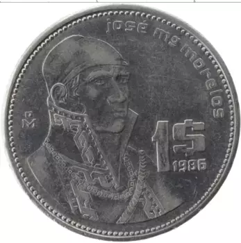 Монета песо Мексики 1986 года Медно-никель Хосе Морелос