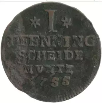 Монета пфенниг Анхальта 1755 года Медь