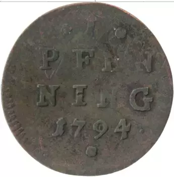 Монета пфенниг Баварии 1794 года Медь