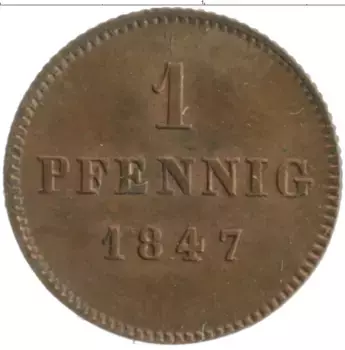 Монета пфенниг Баварии 1847 года Медь