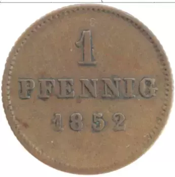 Монета пфенниг Баварии 1852 года Медь