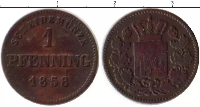 Монета пфенниг Баварии 1858 года Медь