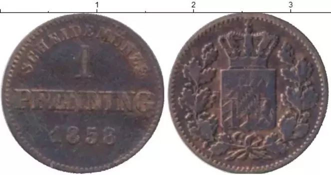 Монета пфенниг Баварии 1858 года Медь