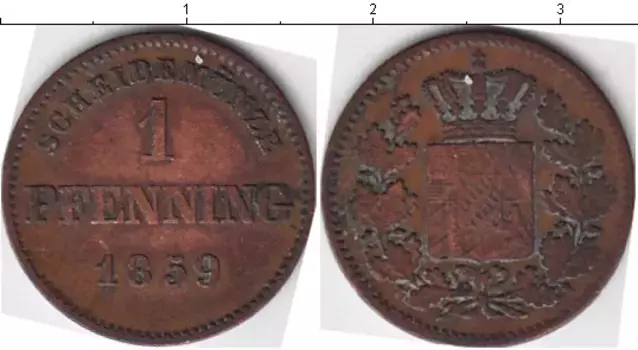 Монета пфенниг Баварии 1859 года Медь