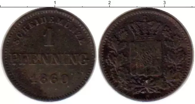 Монета пфенниг Баварии 1860 года Медь