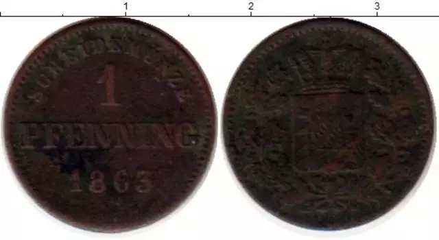 Монета пфенниг Баварии 1863 года Медь