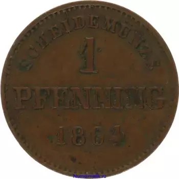 Монета пфенниг Баварии 1864 года Медь