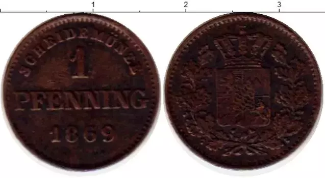 Монета пфенниг Баварии 1869 года Медь