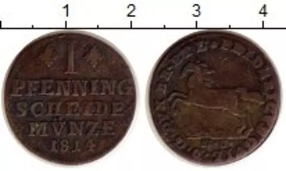 Монета пфенниг Брауншвайг-Вольфенбюттеля 1814 года Медь Фридрих Вильгельм