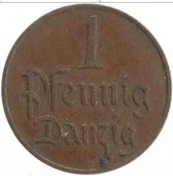 Монета пфенниг Данцига 1923 года Бронза