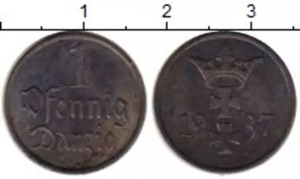 Монета пфенниг Данцига 1937 года Бронза