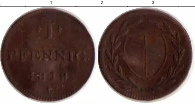 Монета пфенниг Франкфурта 1819 года Медь
