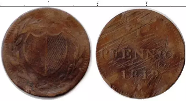 Монета пфенниг Франкфурта 1819 года Медь