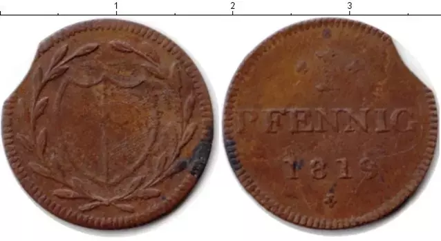 Монета пфенниг Франкфурта 1819 года Медь