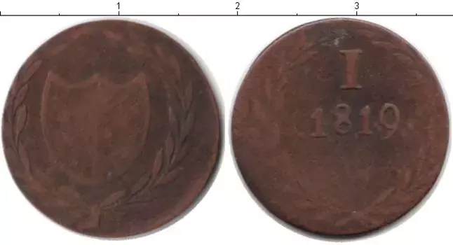 Монета пфенниг Франкфурта 1819 года Медь Нотгельд