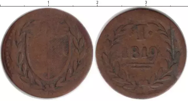 Монета пфенниг Франкфурта 1819 года Медь Нотгельд