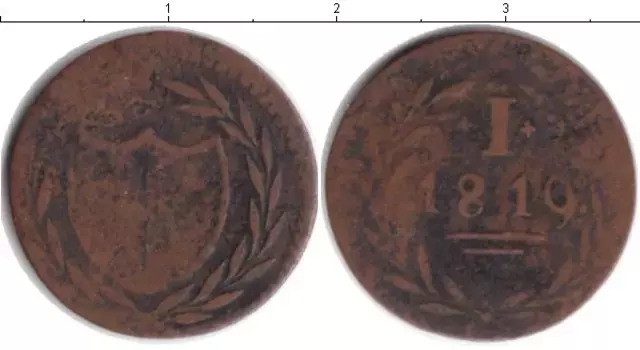 Монета пфенниг Франкфурта 1819 года Медь Нотгельд