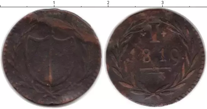 Монета пфенниг Франкфурта 1819 года Медь Нотгельд