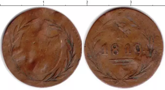 Монета пфенниг Франкфурта 1819 года Медь Нотгельд