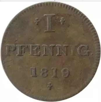 Монета пфенниг Франкфурта 1819 года Медь Токенный выпуск