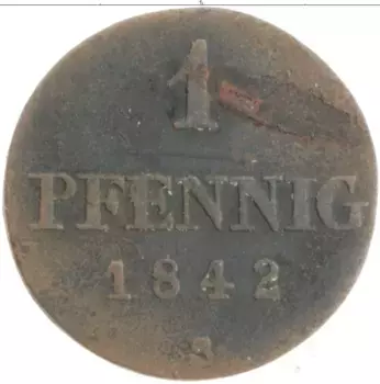 Монета пфенниг Ганновера 1842 года Медь S