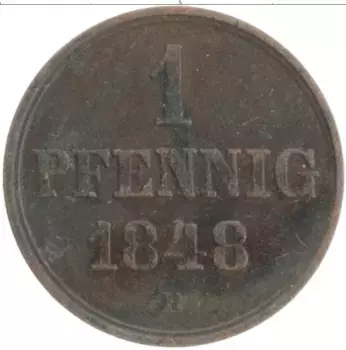 Монета пфенниг Ганновера 1848 года Медь B