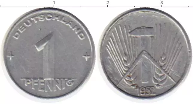 Монета пфенниг ГДР 1952 года Алюминий