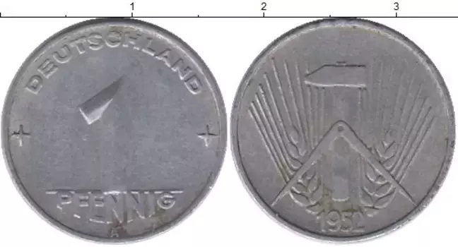 Монета пфенниг ГДР 1952 года Алюминий