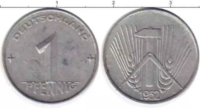 Монета пфенниг ГДР 1952 года Алюминий