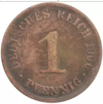Монета пфенниг Германии 1906 года Медь A