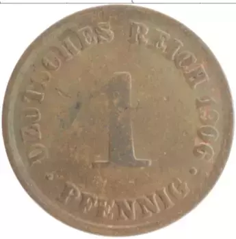 Монета пфенниг Германии 1906 года Медь А