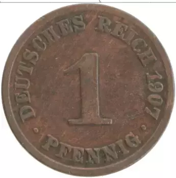 Монета пфенниг Германии 1907 года Медь А
