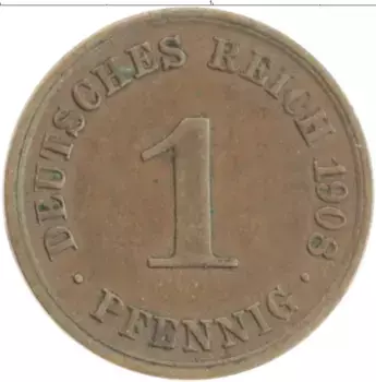Монета пфенниг Германии 1908 года Медь А